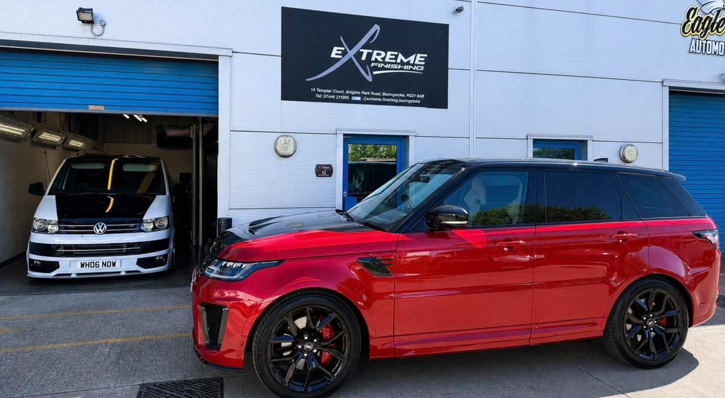 Red Range Rover outside the Extreme Finishing workshop